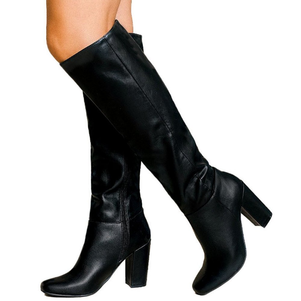 New Black Square Toe Knee High Chunky Heel Boots